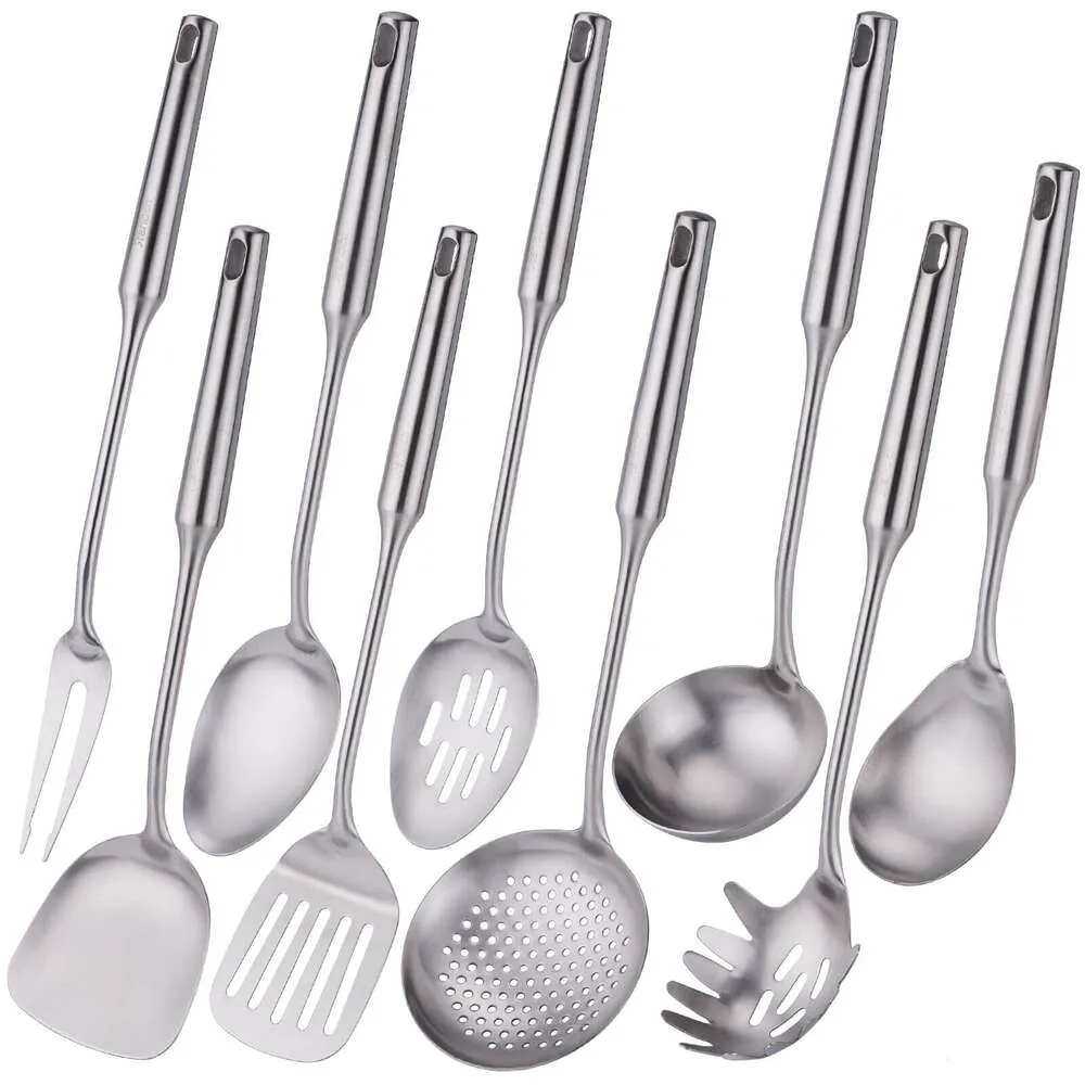 304 Paslanmaz Çelik Mutfak Tesisleri Seti, Standcn 9 PCS Metal Pişirme Aletleri Et Çatalı, Katı Kaşık, Kepçe, Skimmer, Suplted Spatula, Spagetti Sunucusu,