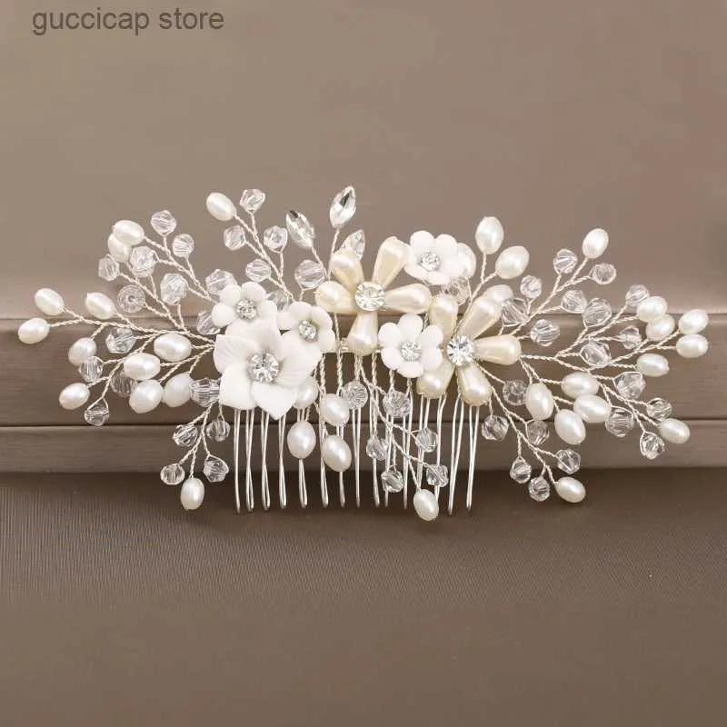 Diademi Copricapo di fiori da sposa Pettini per capelli per la sposa Colore argento Strass Perle Forcine da donna Copricapo da sposa Pettini per capelli Tiara Y240320