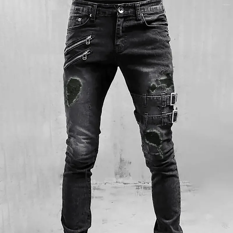 Jeans masculinos homens elástico denim rua calças finas retalhos buracos rasgados angustiado cintura elástica zíper ferrolho calças retas