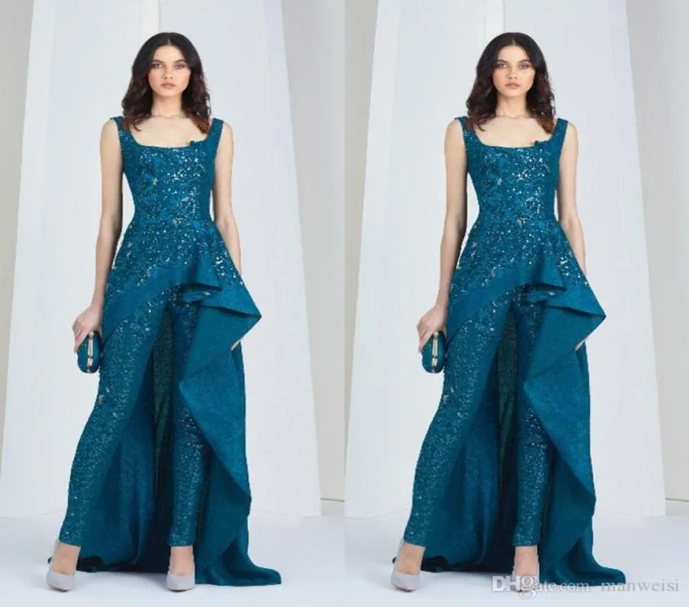 Tony Ward 2019 Jumpsuits Arabiska aftonklänningar Scoop Neck Pantsuit Plus Size Sequined Prom -klänningar Fulla spetspärlor Formella parti DRE1214666