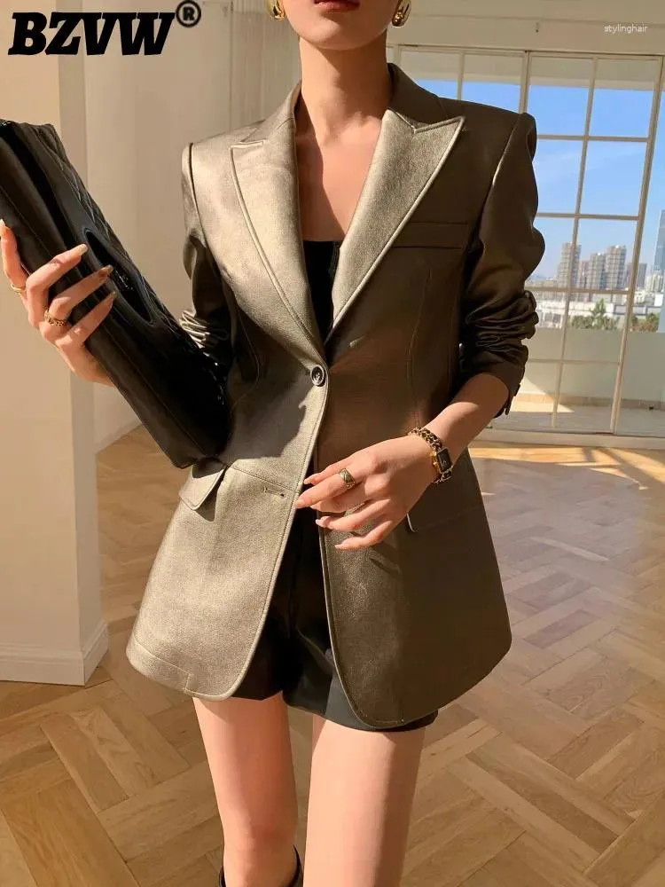 Women's Suits BZVW Black High-end PU Leather Blazer For Women Designer Office Lady Temperament Fashion Blazers Tops Female 25X4583
