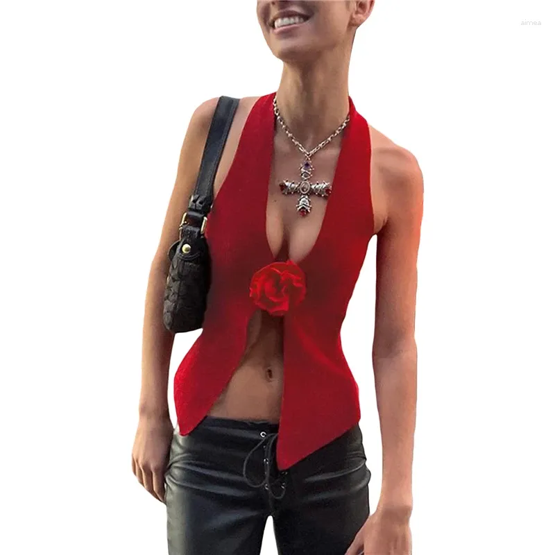 Tanks pour femmes 3D Flower Top Femmes Vêtements esthétiques Couleur unie Sans manches Front Slit Halter Crochet Vêtements tricotés Summer Streetwear