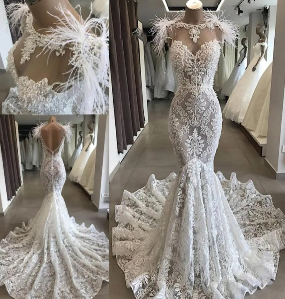 2020 Robe De Mariee Luxuoso Vestidos de Casamento Até O Chão Renda Sereia Custom Made Vestidos de Noiva Pena Vestido De Novia Sirena2597698
