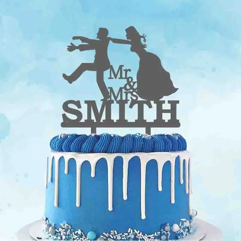 Party Supplies Personalized Wedding Cake Topper Custom Mr Mrs Name Bride Chases Escapes Embarrassed Groom Decoration