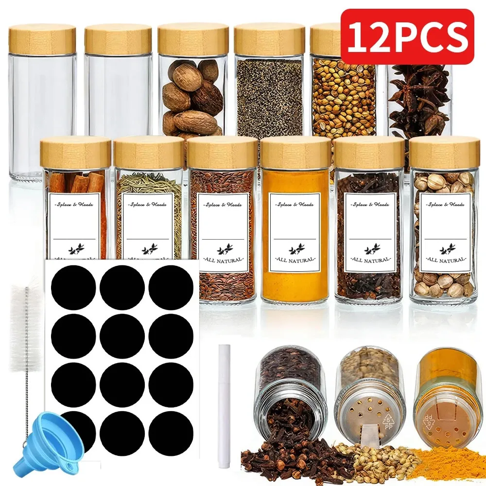 12st Glass Spice Burs With Bamboo Lid Round Smakning Behållare Salt Pepper Shaker Organizer Kitchen Jar Set 240307