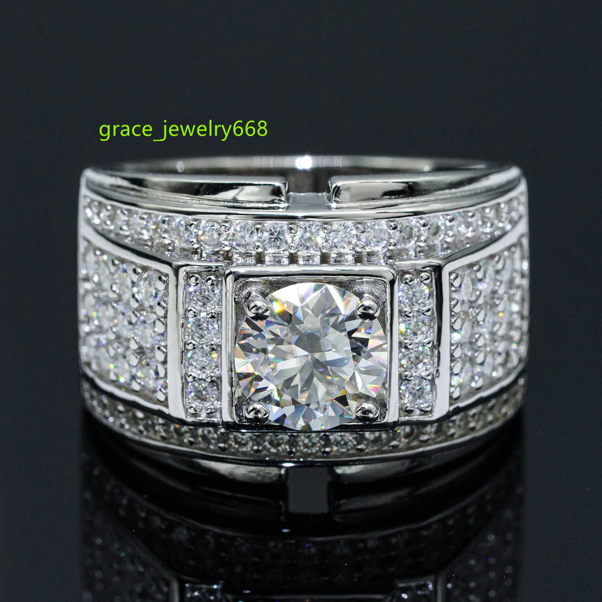 925 Sterling Silver 1,5 CT -runda snitt VVS Moissanite Main Diamonds Men Champion White Gold Plated Rings