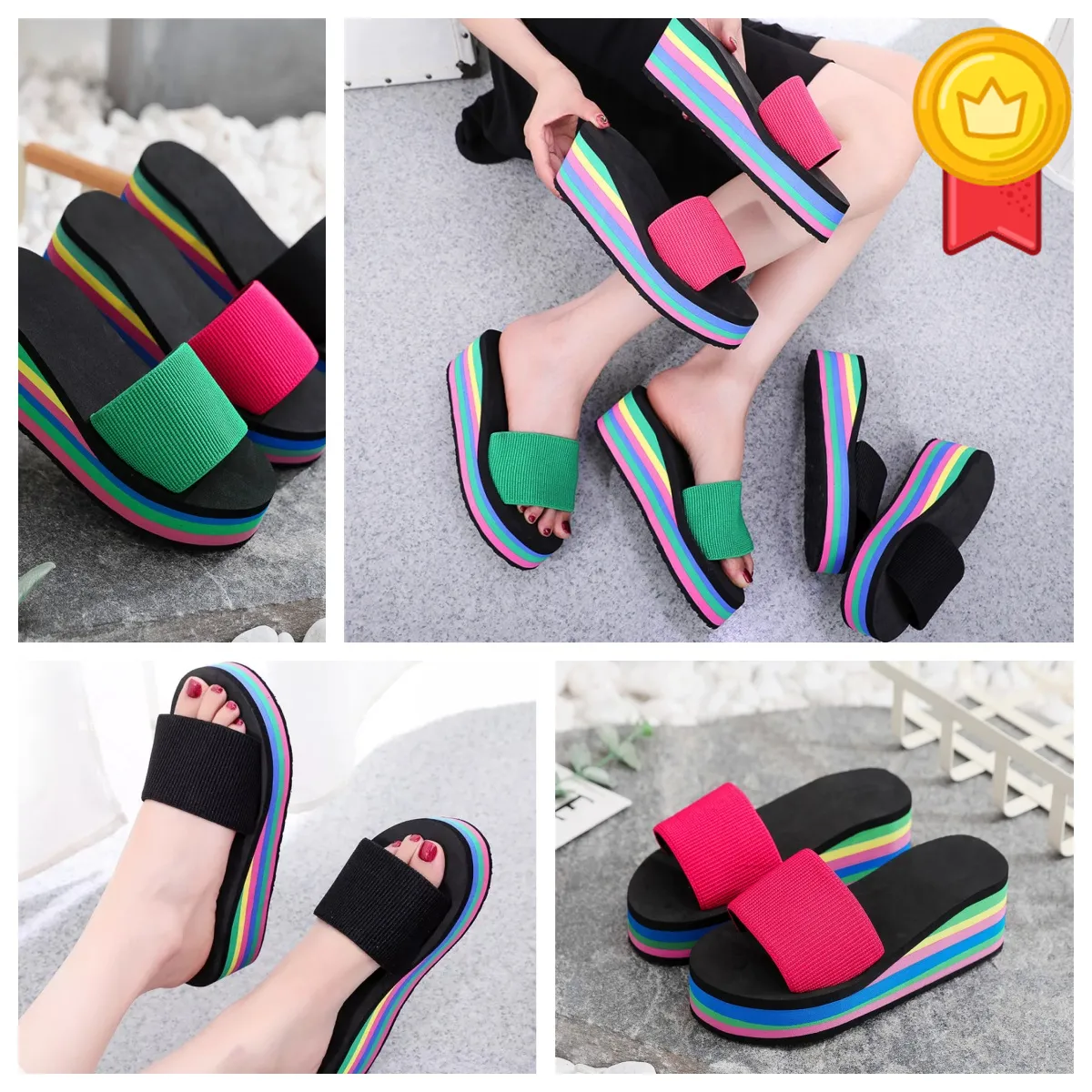 2024 Slippers dames eenzijdige slippers zomer sandalen met dikke zool bovenkleding casual strand GAI flip-flo platform kleurrijke Gladiator dikke regenboog zandstrand