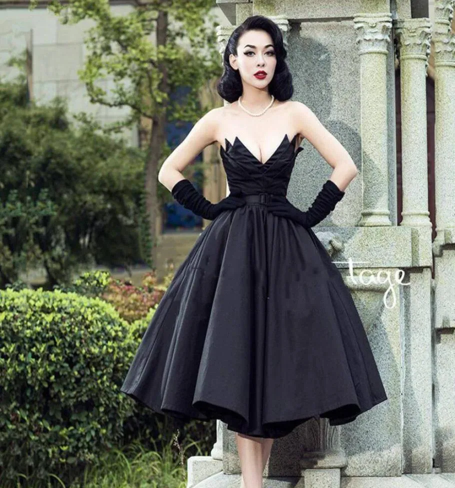 Czarne vintage bez ramiączki sukni wieczorowej sukni balowej puszysty plisowany niestandardowe eleganckie sukienki formalne vestidos de novia v szyja klasyka 6193843