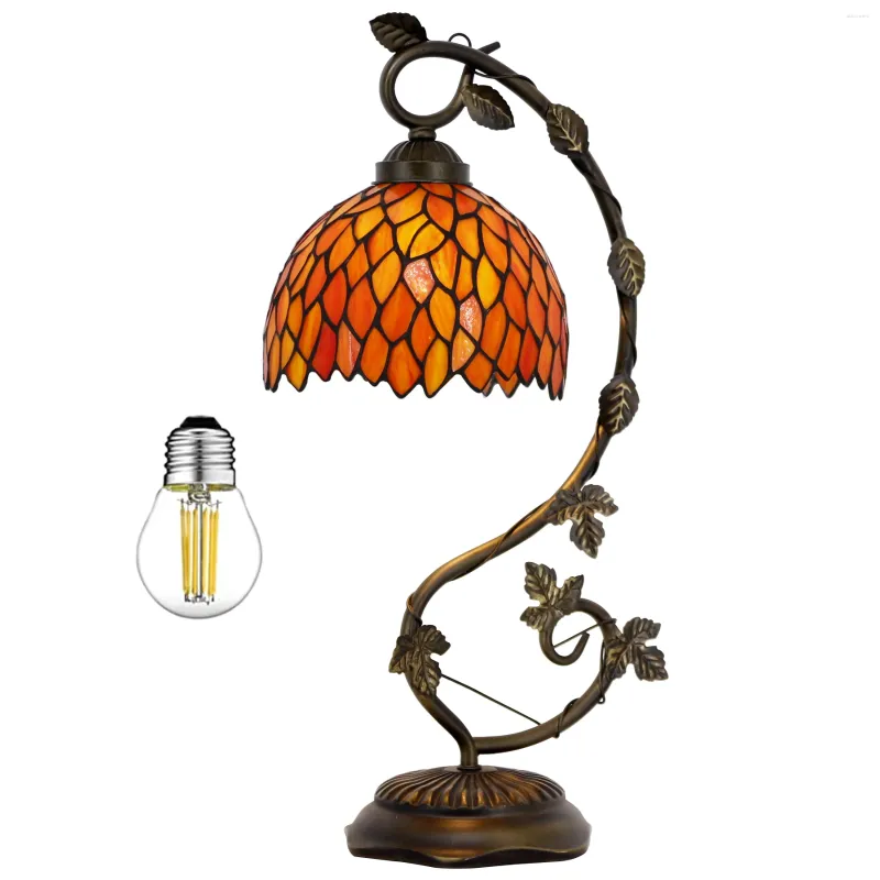 Table Lamps WERFACTORY Tiffany Lamp Red Wisteria Stained Glass Style Desk Reading Light Metal Leaf Base 8X10X21 Inches