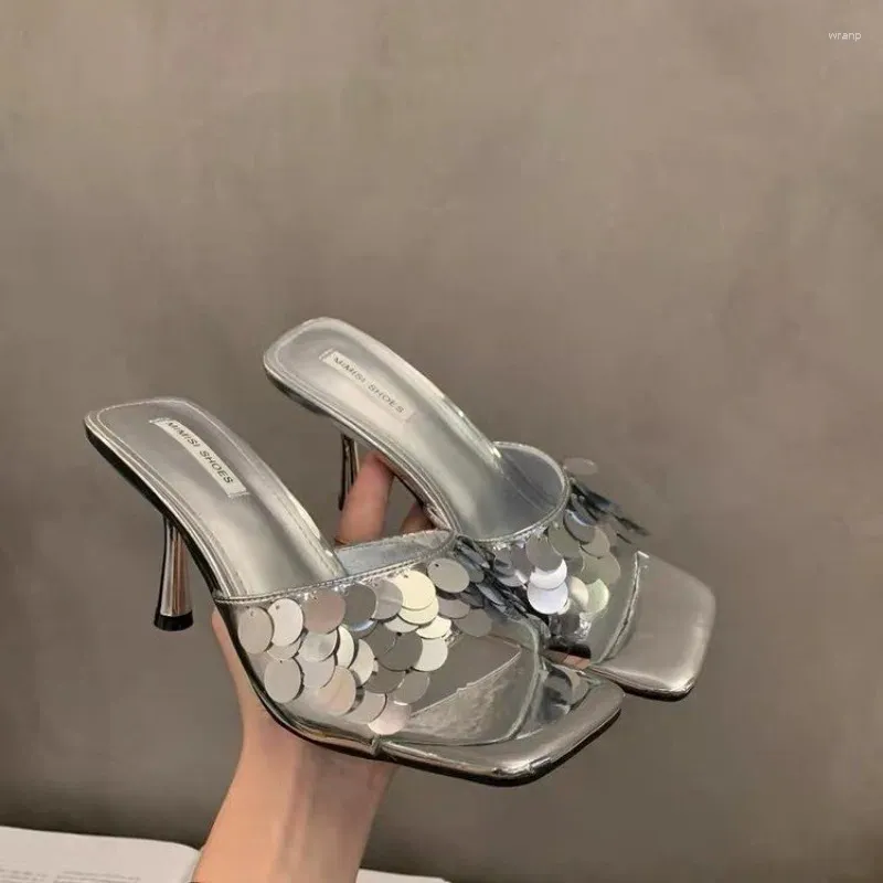 Летняя распродажа 2024 г., женские туфли на высоком каблуке и модная элегантная уличная универсальная серебряная женская обувь с квадратным носком