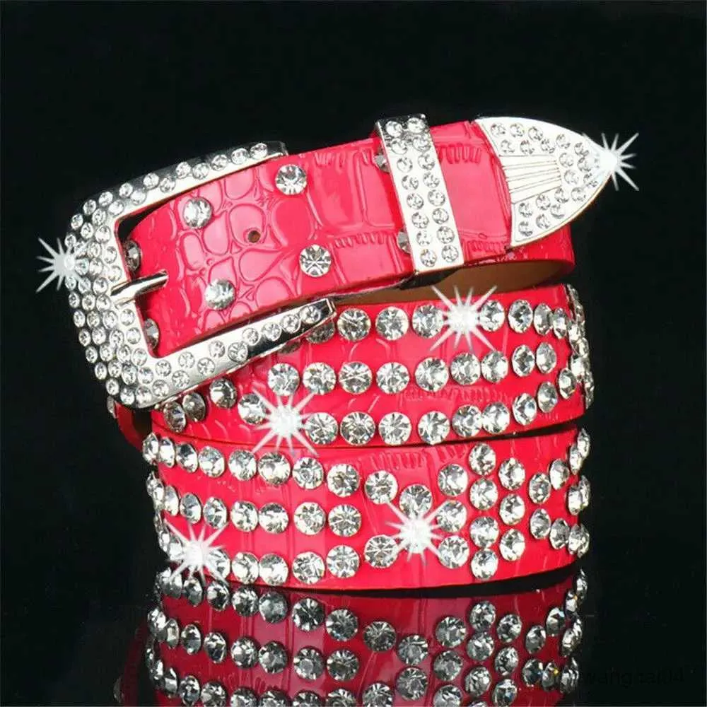 Paski Kobiety moda Solid /Lopard Print Studded Rhinestone Belt PU skórzany kryształowy kryształowy brokatowy pasek na imprezę klubową