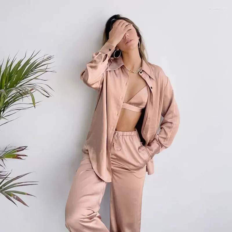 Womens Satin Pajama Set 3-Piece Silk Sleepwear, Autumn Lounge