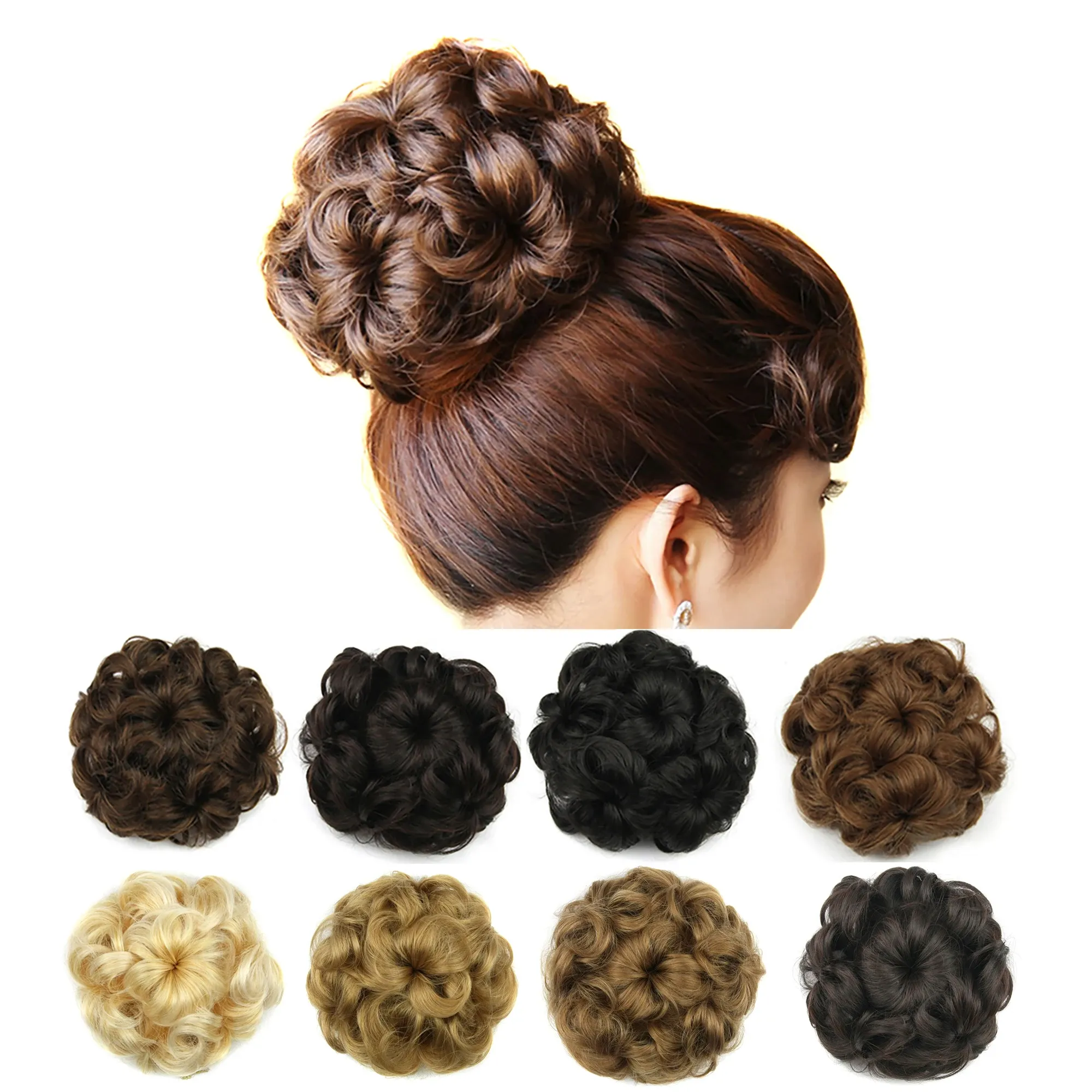 Chignon soowee 8 färger blommor form syntetiskt hår lockigt hår chignon gummiband hårbulle donut hårrulle hårstycken för kvinnor