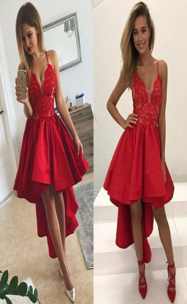 Seksi Kırmızı Hilo Homecoming Elbiseler V Boyun Sırtsız Spagetti Strap Dantel Saten Resmi Parti Gowns Sleeveless5068202