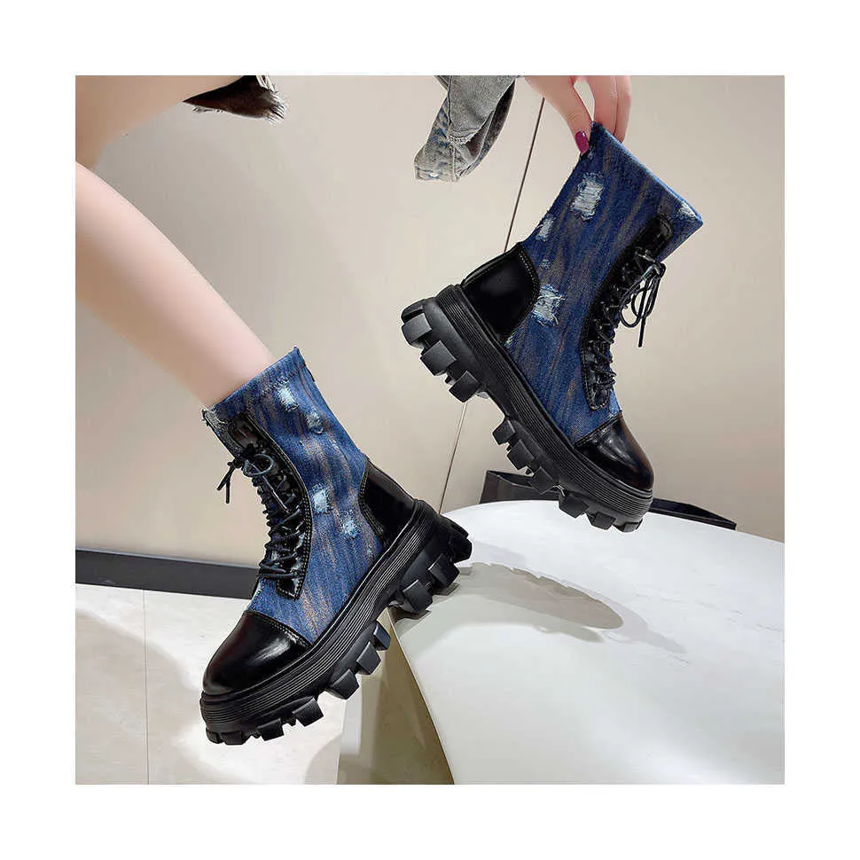 HBP icke-varumärke 2024 Autumn Winter Women Patchwork Fashion Shoes Long Boots Cowgirl Platform Denim Chunky Sole Knight Ladies Jean Boots