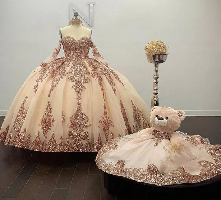 Rose Gold Sparkly Ball Gown Quinceanera Dresses Detachable Sleeves Sweetheart Sequines Applique Sweet 16 Dress Party Wear1408336