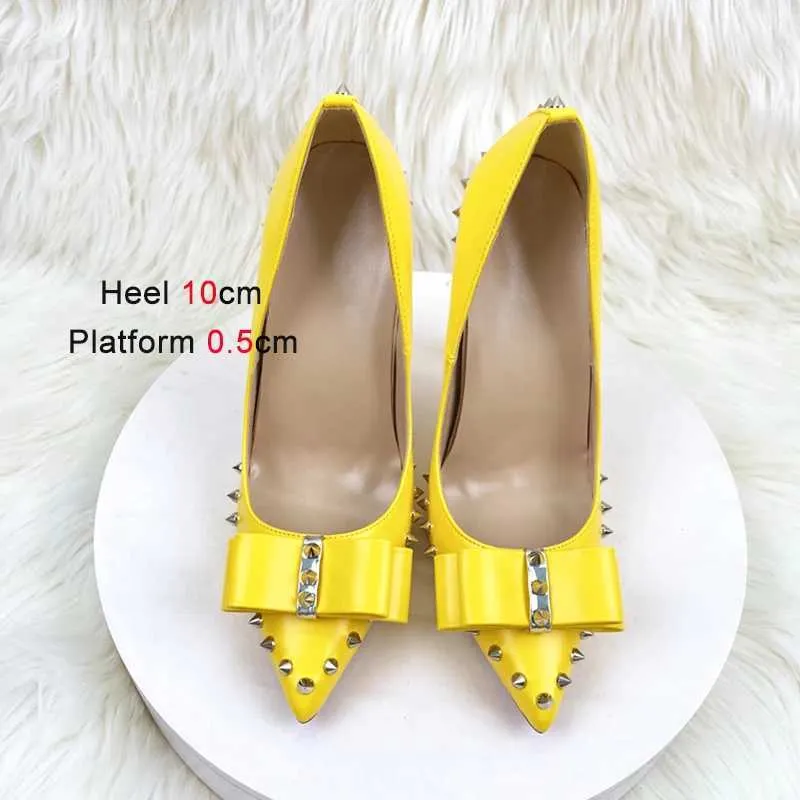 Dress Shoes 2023 New Summer Fashion Butterfly-knot Party 10CM Women Pointed Toe High Heels Big Size 43 Metal Rivet Yellow SingleWYK7 H240321