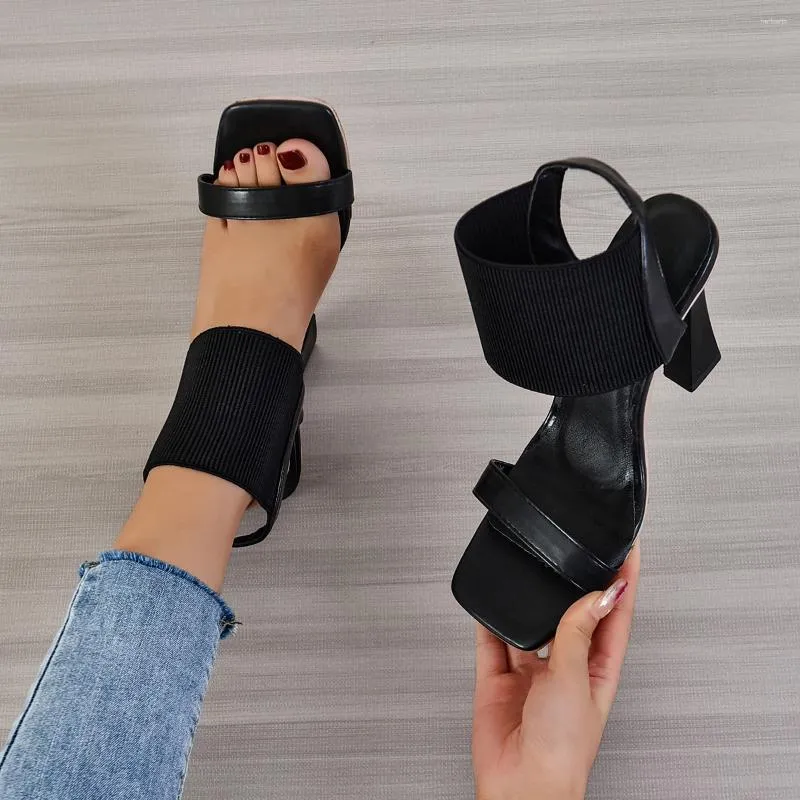 Chaussures habillées bande élastique sandales pour femmes été tête carrée mode talons hauts Zapatos De Tacon Mujer Elegantes