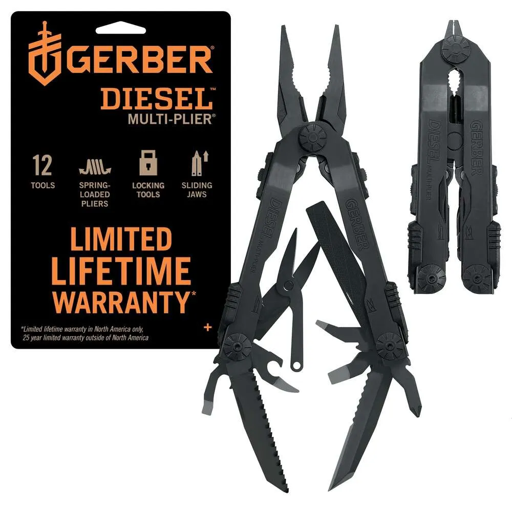 Gerber Diesel Pinza multiuso a becchi mezzotondi Set 12-in-1 EDC Coltello multiutensile Attrezzatura e attrezzatura di sopravvivenza - Nero