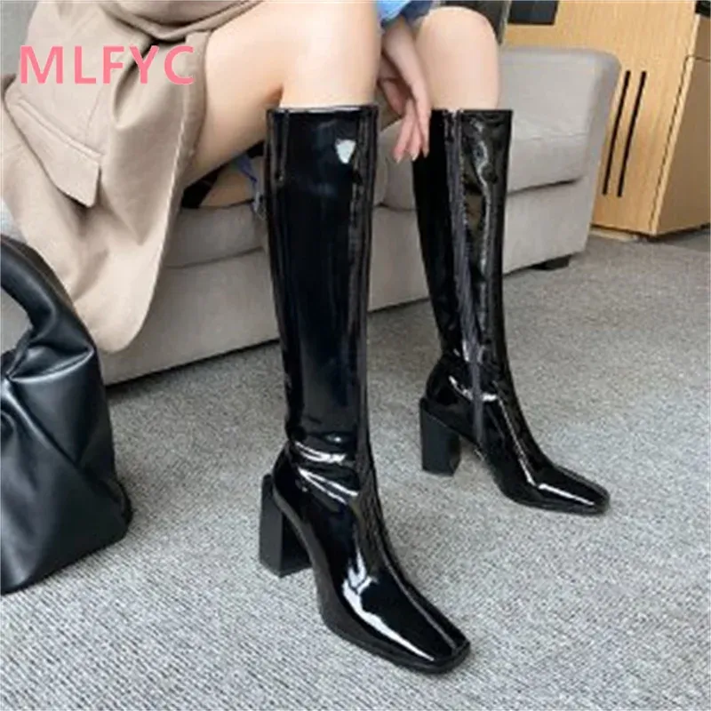 Boots Square Head High Boots 2023 Autumn en Winter Nieuw Octrooieleer Leer Hoge Heel Knie High Boots for Women