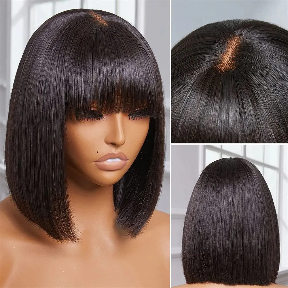 Natural couro cabeludo curto bob laço peruca do couro cabeludo com franja cabelo humano para as mulheres osso em linha reta bob peruca com bang remy cabelo 180% densidade