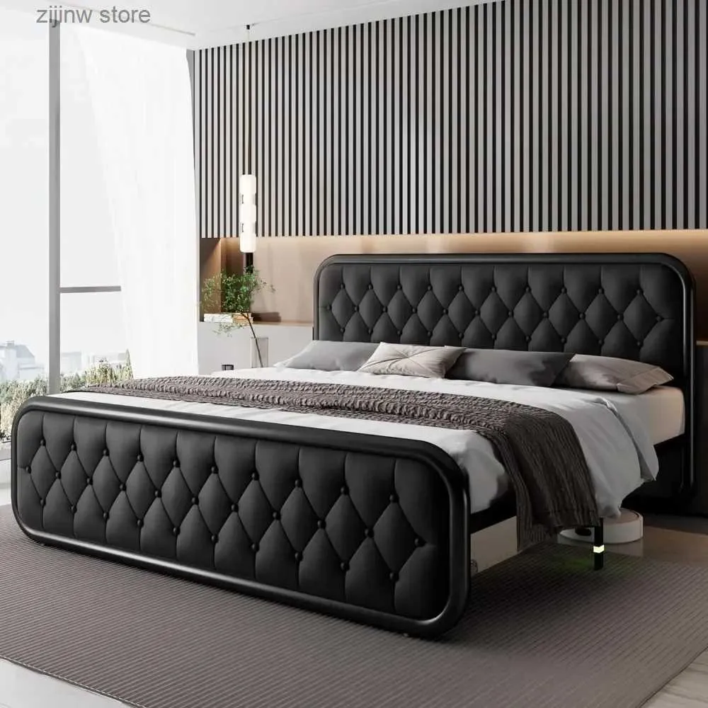 Autres fournitures de literie Cadre de lit robuste avec plaque supérieure en cuir artificiel, meubles de chambre à coucher, rangement sous le lit, lit plateforme noir Y240320