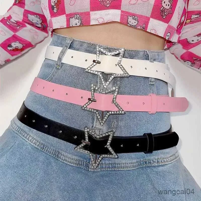 Belts Sparkling Zircon Star Buckle Belt Women Y2K Pink PU Leather Waistbands Retro Elastic Binding Full Drill Bride Accessories