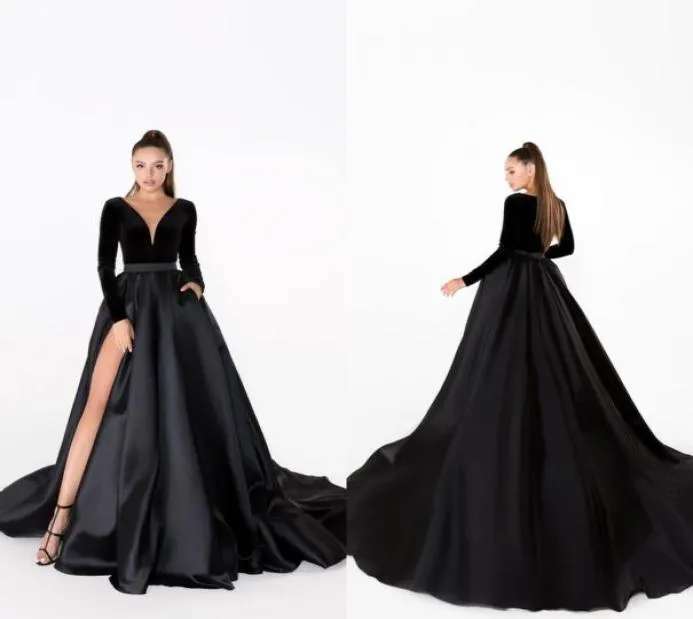 Robes de soirée noires col en V velours une ligne balayage train jupe en satin à manches longues pas cher robe de bal sexy haute fente occasion formelle Go1542777