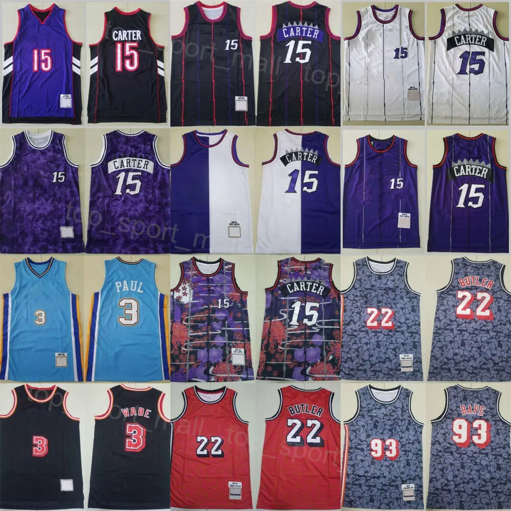 Herren Basketball Vintage Vince Carter Trikots 15 Shirt Chris Paul Dwyane Wade 3 Jimmy Butler 22 Throwback für Sportfans Schwarz Lila Rot Blau Nähte Retro Team