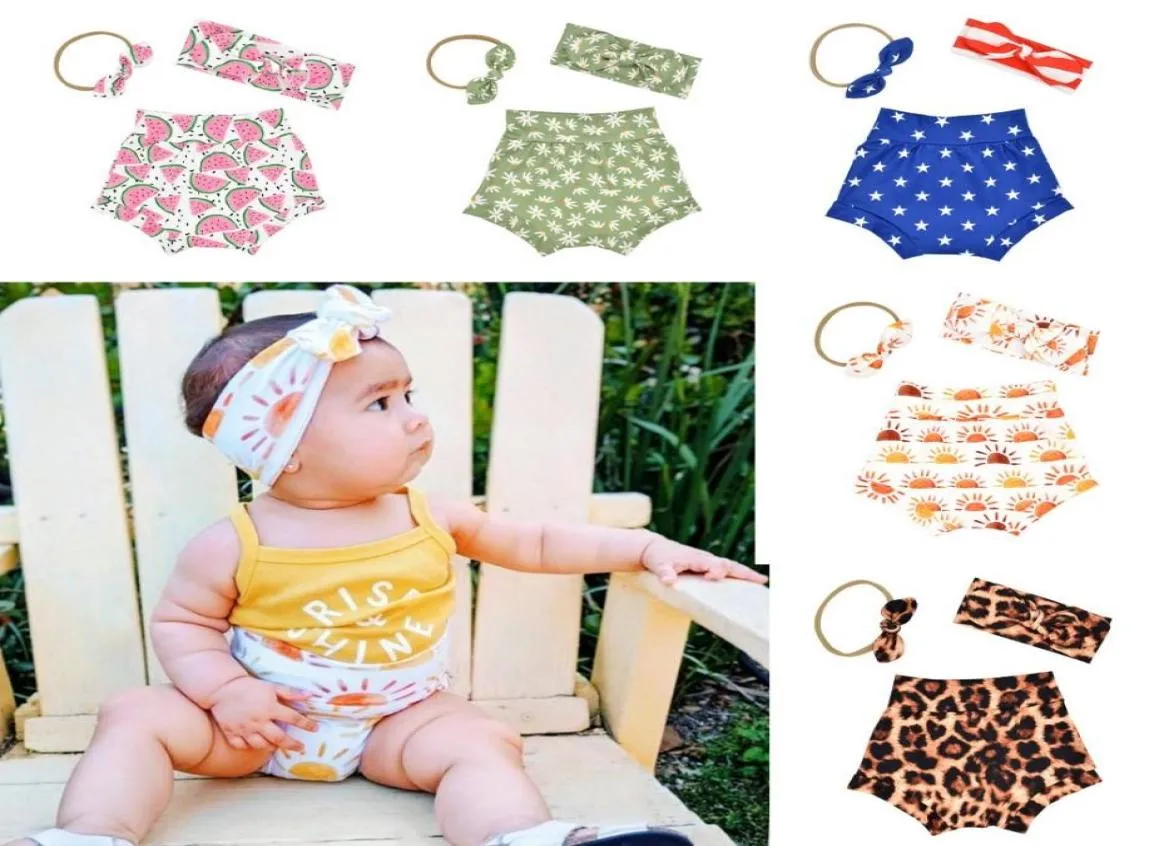 Girl Clothing Short Sets Summer baby Shorts Floral Leopard Sun Cotton Fashion Nylon Knot Headband Newborn Bloomers1658041