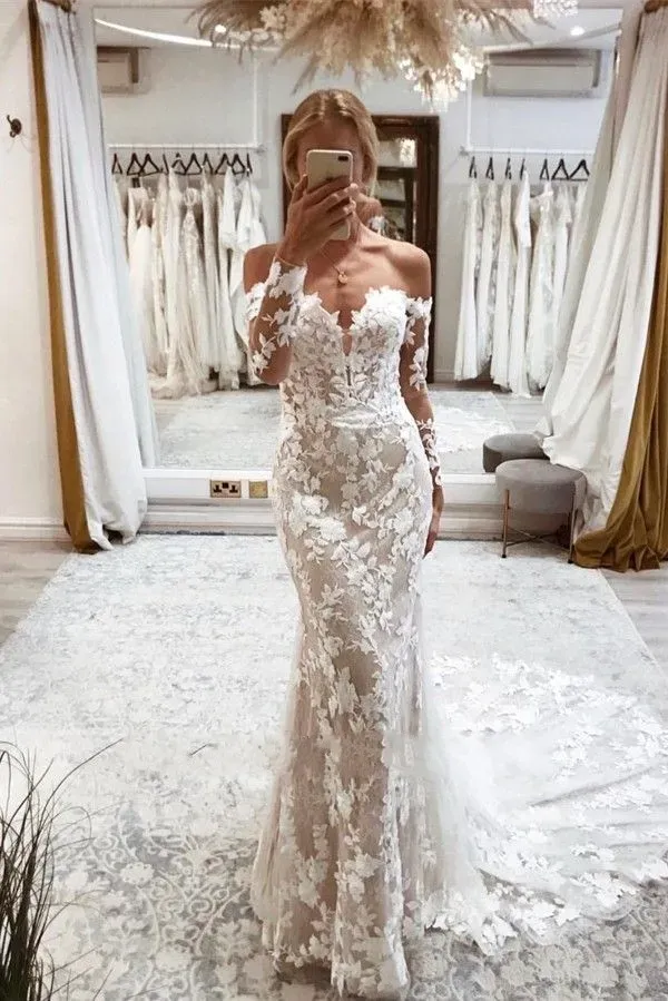 Stunning Lace Mermaid Wedding Dresses New Sexy Backless Off Shoulder Long Sleeves 3D Lace Appliques Bridal Gowns With Button Covered Back BC15708