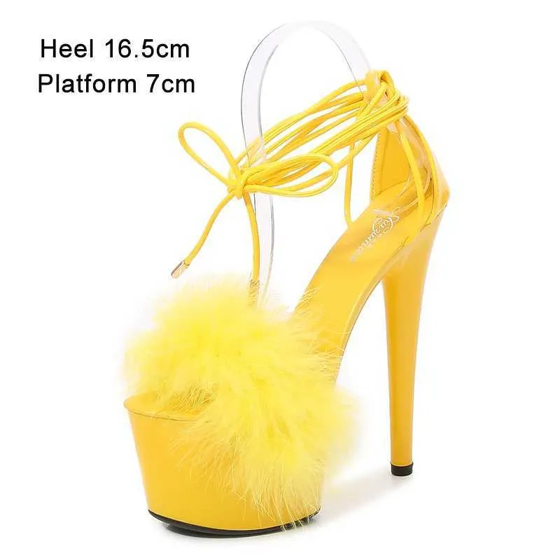 Buty sukienki Shuzumiao Waterproof Platforme Sandals 2021 Summer New Women Fur Cross Pasps High Heels 16,5 cm Model stiletto SHOEV34S H240321