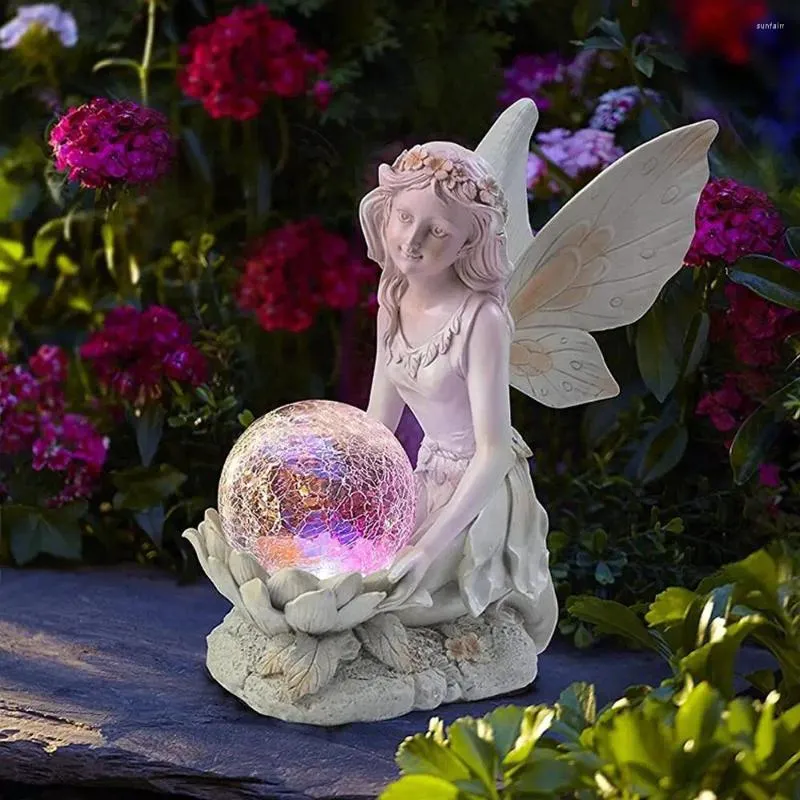 Trädgårdsdekorationer Solarlampa utomhusvattentät lysande älvflicka LED -lampor Harts Angel Figure Sculpture Crafts Yard Decor Art Ornaments