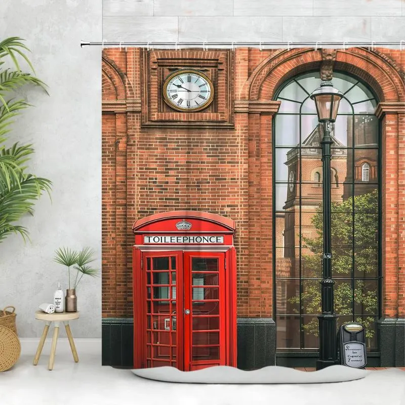 Zasłony prysznicowe Urban Building Kurtyna Vintage Paris Tower Big Ben Street Sceneria Red Telefone Plant Flower Polyester Bathroom Decor