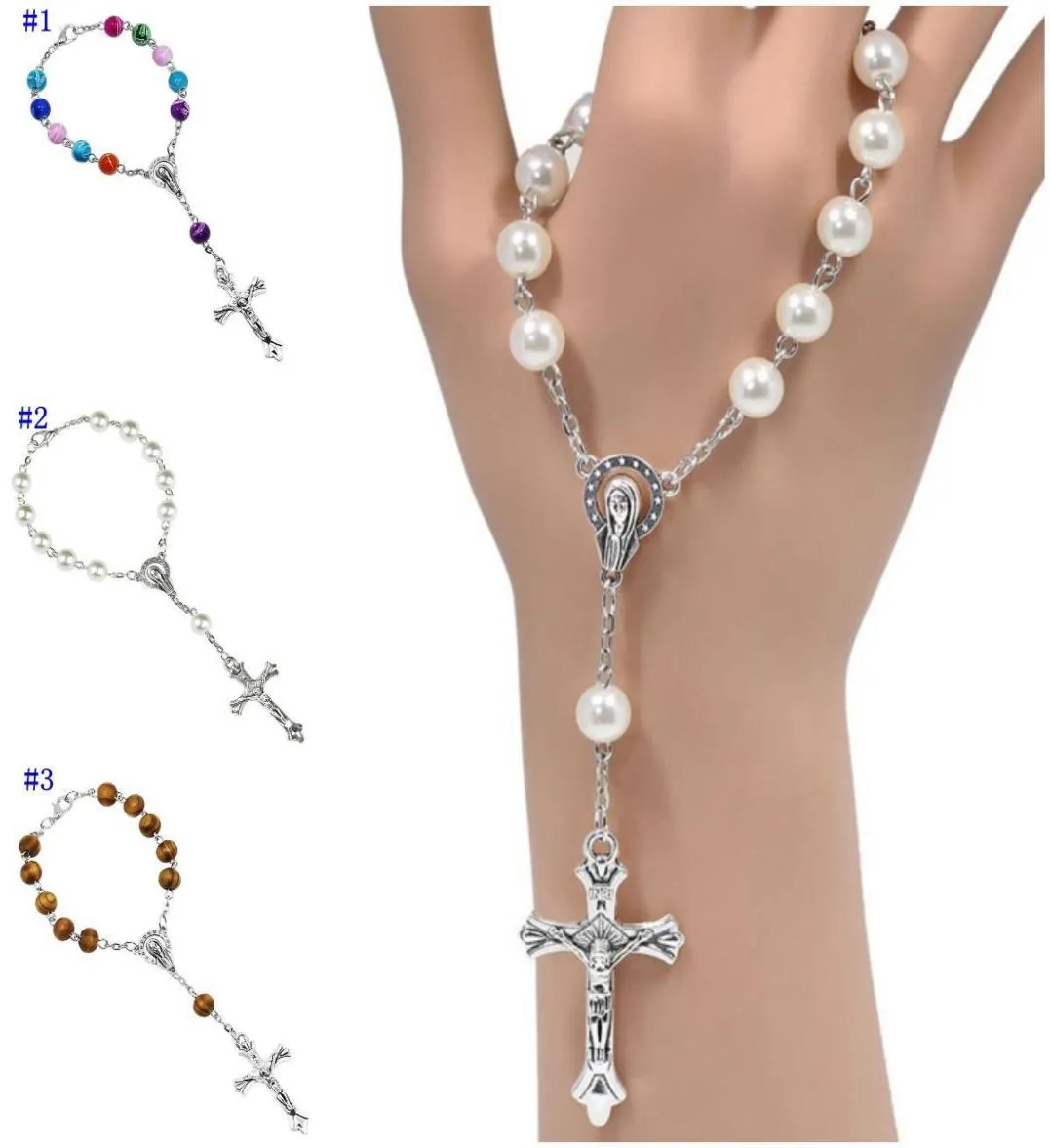 Pulsera de cuentas de Rosario Católico, brazaletes acrílicos de perlas de imitación cruzadas, pulsera de moda apta para recuerdos de fiesta 6266623