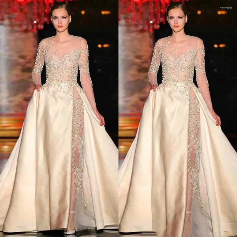 Runway Dresses 2024 Sheer Beaded Puffy A-line Sweep Train Satin Long Formal With Appliques Sleeves Celebrity Gowns
