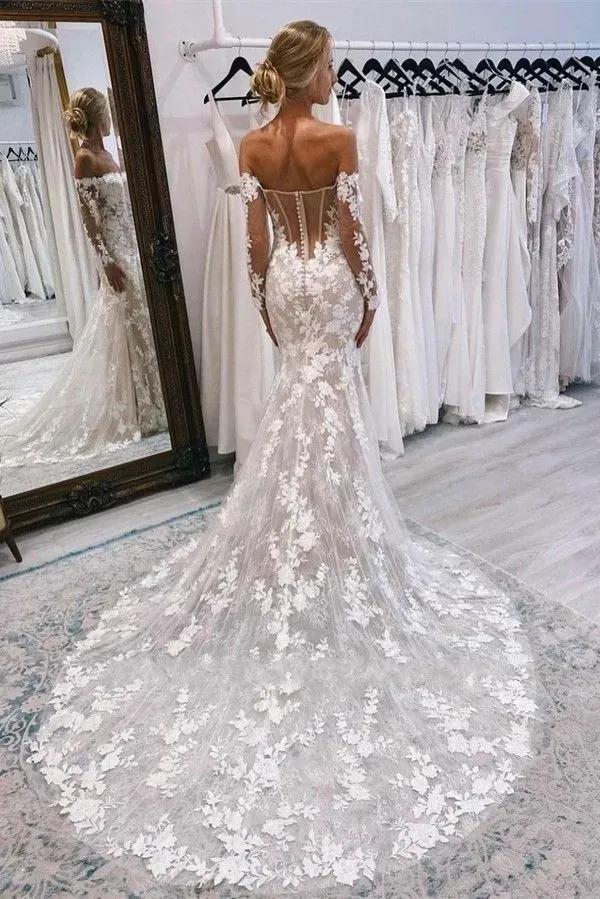 Stunning Lace Mermaid Wedding Dresses New Sexy Backless Off Shoulder Long Sleeves 3D Lace Appliques Bridal Gowns With Button Covered Back BC15708