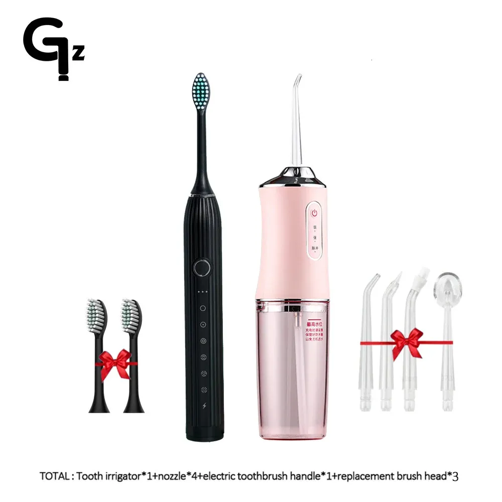 Oral irrigator and Electric toothbrush ipx7 replacement brush head portable dental water flosser with 4 nozzles usb rechargeable 240307