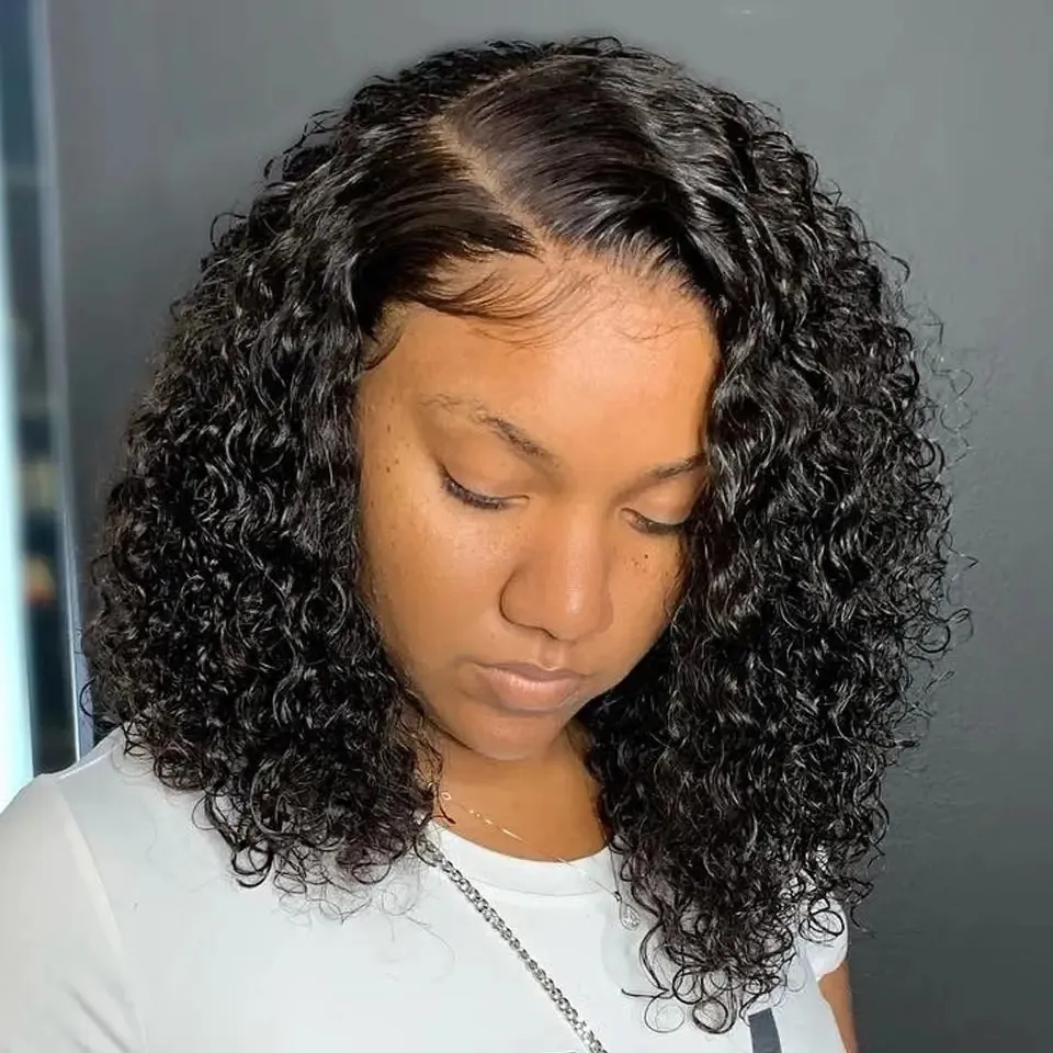 Perruque Bob Lace Front Wig Remy brésilienne ondulée, cheveux naturels courts et bouclés, 4x4, 13x4, pour femmes noires