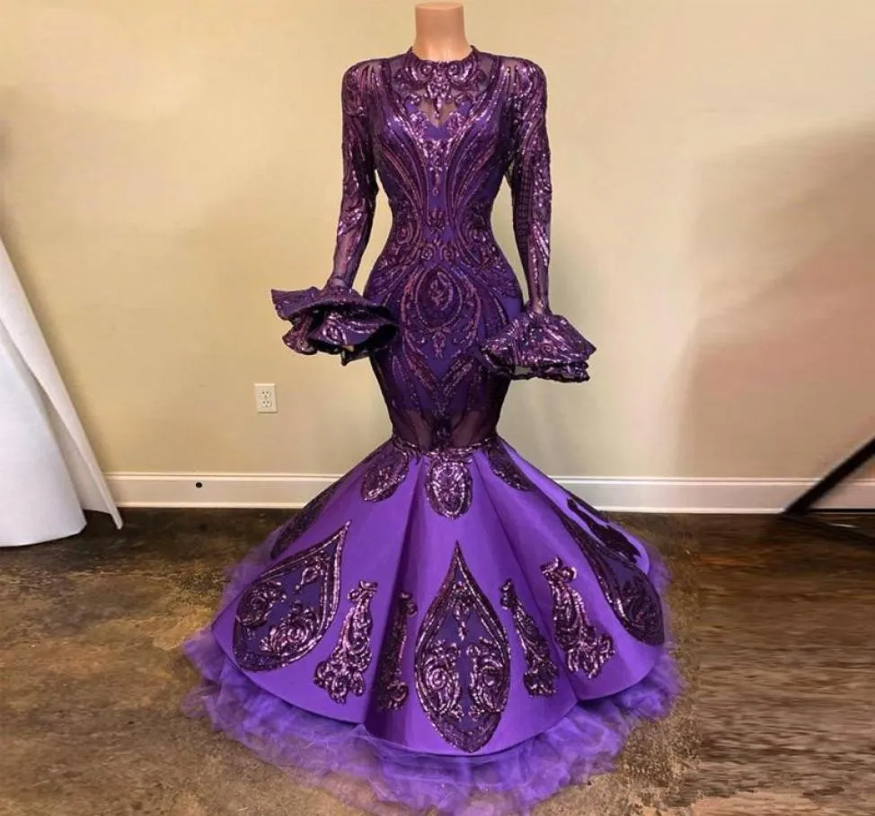 Arabisch Lila Langarm Meerjungfrau Prom Kleider Pailletten Perlen Applizierte Dubai Promi Abendkleider Robe de soiree9580552