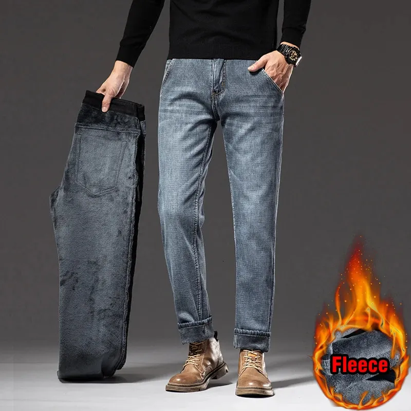 Winter Men Fleece Warm Jeans Classic Style Business Casual Regular Fit Thicken Stretch Denim Pants Male Brand Trousers 240313