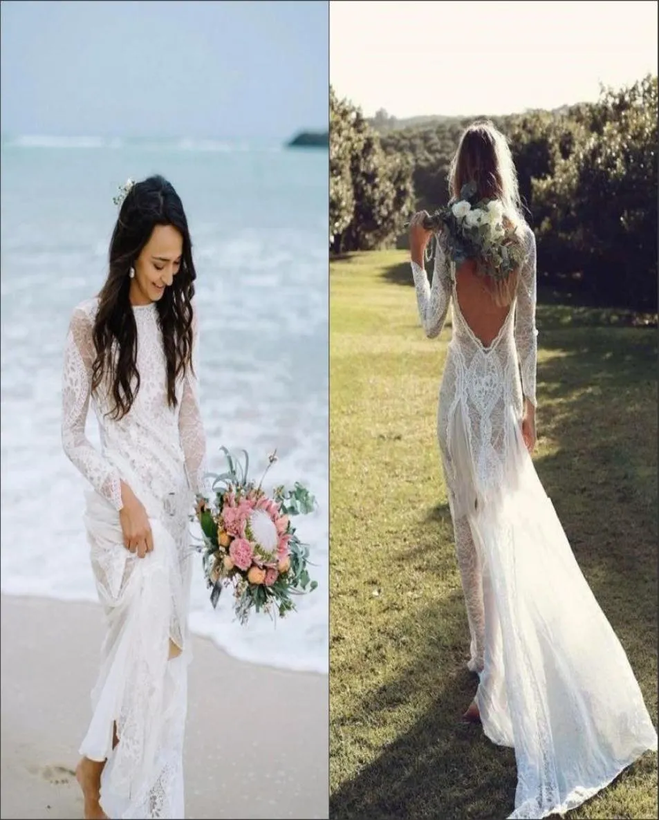 Fantastisk Boho Bohemian Wedding Dresses Beach 2022 Romantisk spets långärmad Bateau V Open Back Bridal Dress Gowns Vestido de Novia4037115