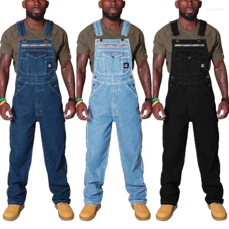 Men's Jeans Fashion Cargo Bib Overalls High Street Denim Jumpsuits Washed Workwear Suspender Pants For Male Big Size 5XL