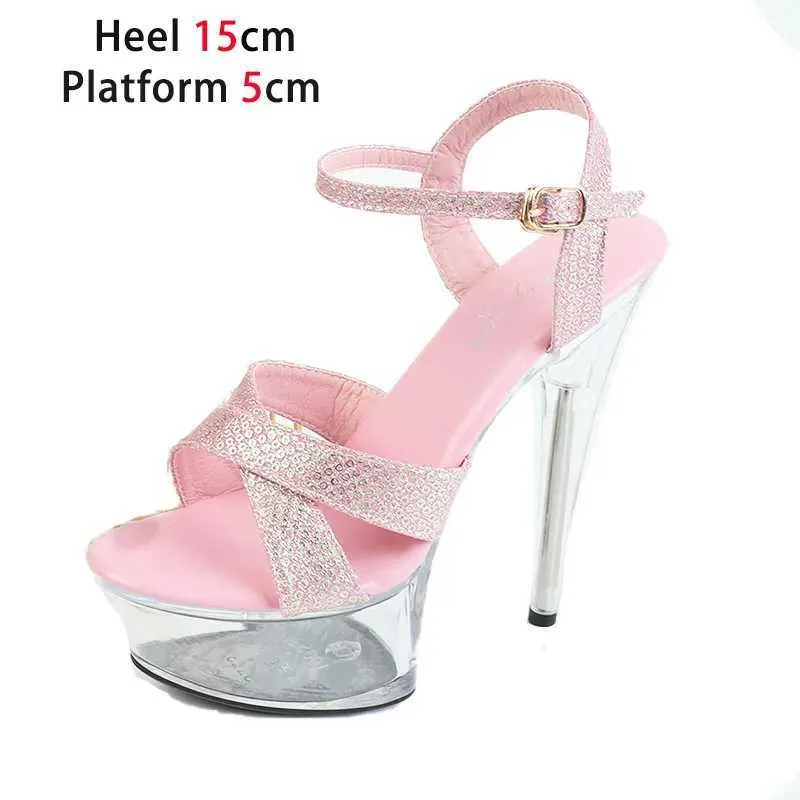 Dress Shoes Nightclub Pole Dance Sexy Cross Band Sandals 15CM Transparent Platform Thin High Heels Summer Womens Buckle Strap Pumps H240321