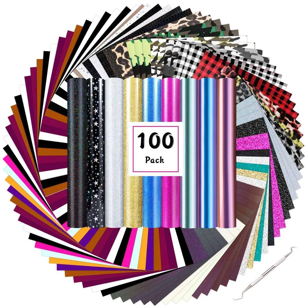 HTVRONT – 100er-Pack 30,5 x 25,4 cm großes T-Shirt zum Aufbügeln, 39 verschiedene Farben, HTV-Vinyl-Bündel, alle Cuttermesser, leicht zu schneidendes Unkraut für Wärmeübertragungsdesign