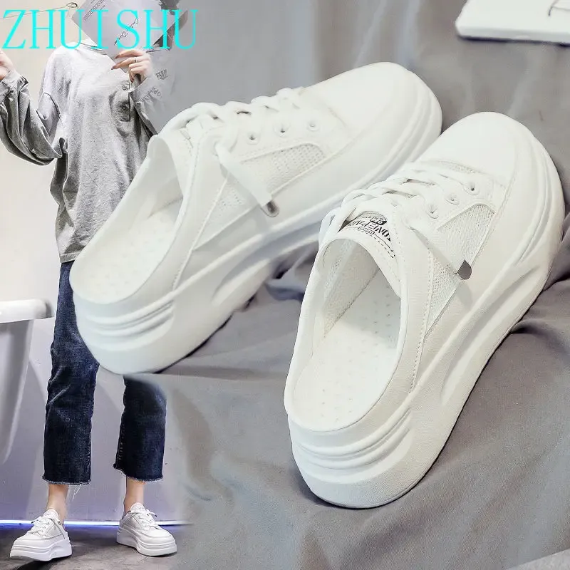 Slippers Baotou semi-épouses pour les filles à porter en été coréenne d'été Version des sandales et pantoufles épaisses en mesh zapatos para mujer