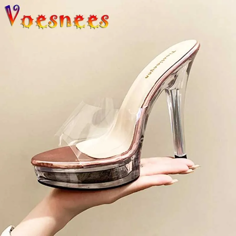 Sapatos de vestido verão 13cm salto alto bombas mulheres cristal sandálias de salto fino sexy plataforma transparente antiderrapante chinelos versáteis modelos h240325