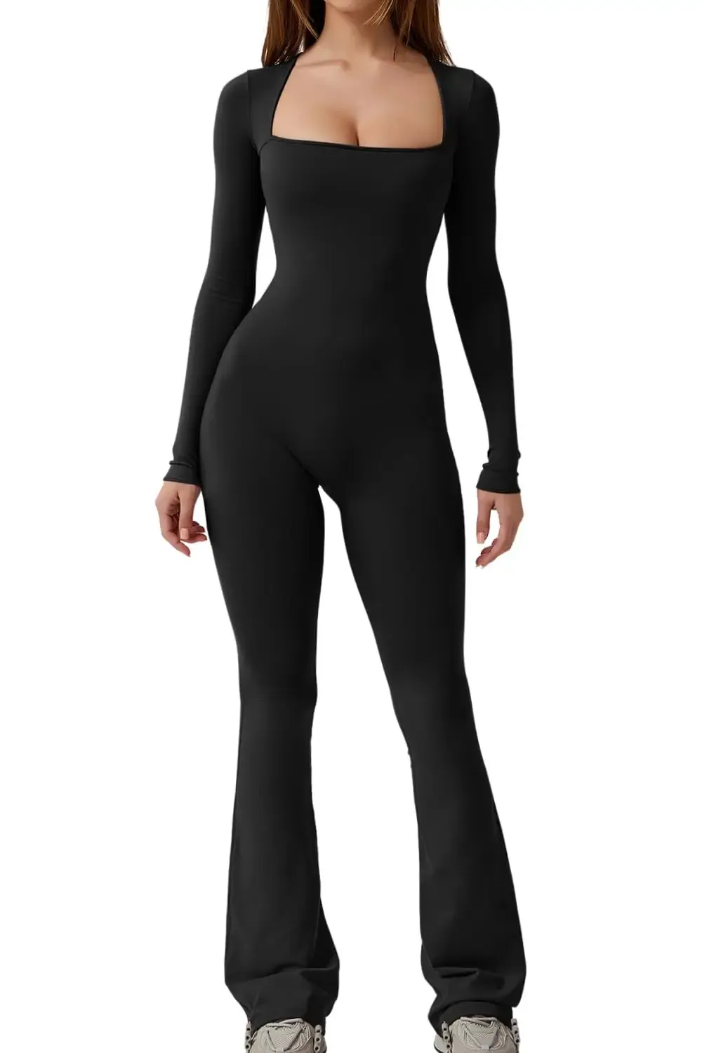 Long Sleeve Jumpsuit Women Tight Fitting Square Neck Wide Leg Full Length Romper Playsuit Bodycon Overalls 240306