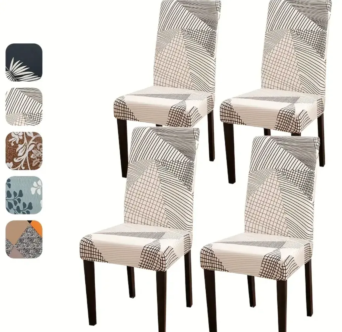 4 Geometrik Sandalye Kapakları Seti - Yemek Odası Sandalyeleri için Modern Streç Slipcovers, Makineli Yıkanabilir Kırışıklıksız FD48100889