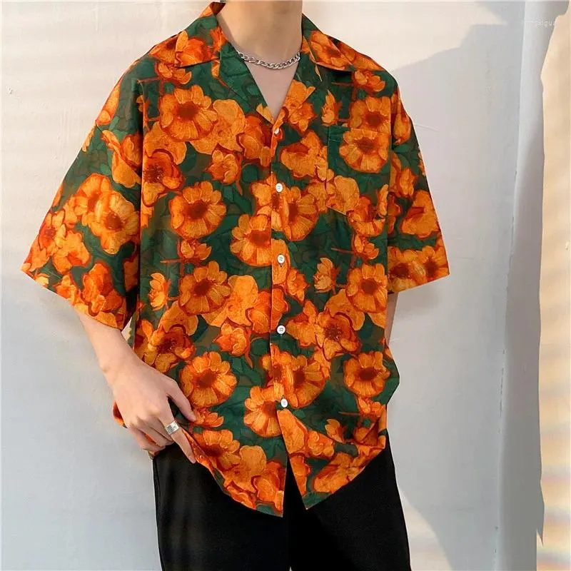 Camisas casuais masculinas homens manga curta solta vintage harajuku praia floral impresso streetwear machos topos coreano elegante all-match na moda